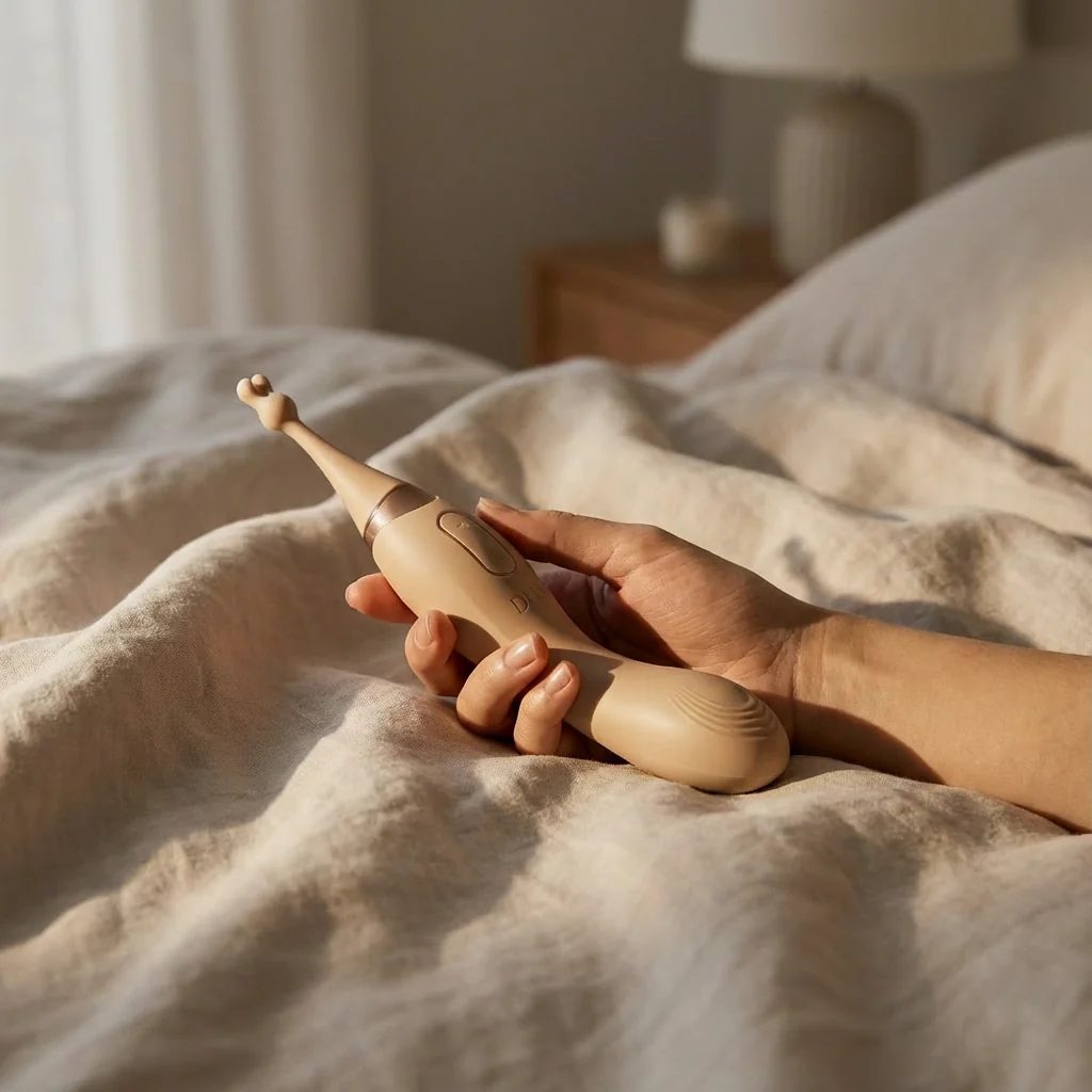 Hand met een vibrator op een linnen dekbed